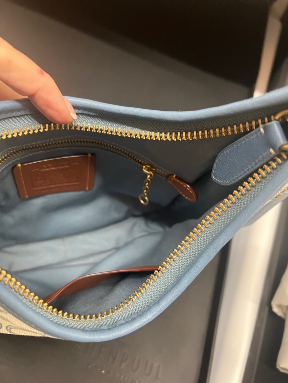 Coach Monogram Shoulder Bag in Light Blue and Cream - Picture 6 of 7